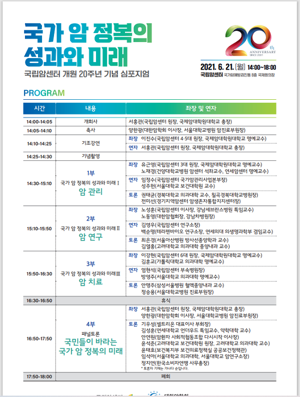 [행사]국립암센터-대한암학회, 6월21일 ‘개원 20주년 기념 심포지엄’ 개최