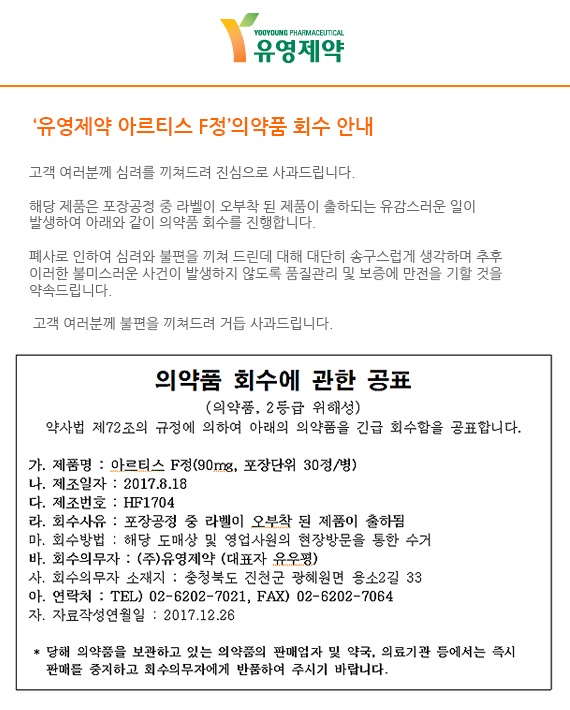 식약처, 유영제약 '아르티스F정'품목 1개월의 제조업무정지 행정처분과 경고 조치 내려