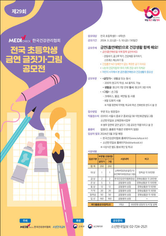 '제29회 한국건강관리협회 초등학생 금연 글짓기·그림 공모전', 3월22일~5월10일 개최