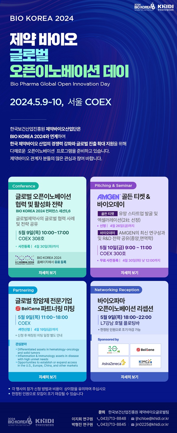 진흥원, 5월8~10일 BIO KOREA 2024 연계 '제약바이오 글로벌 오픈이노베이션 데이'개최